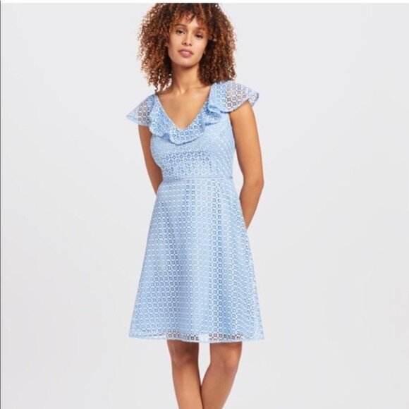 Draper James Dress Sz 8 Baby Blue Eyelet A-Line Knee Length Ruffle V-Neck Preppy - Picture 3 of 16